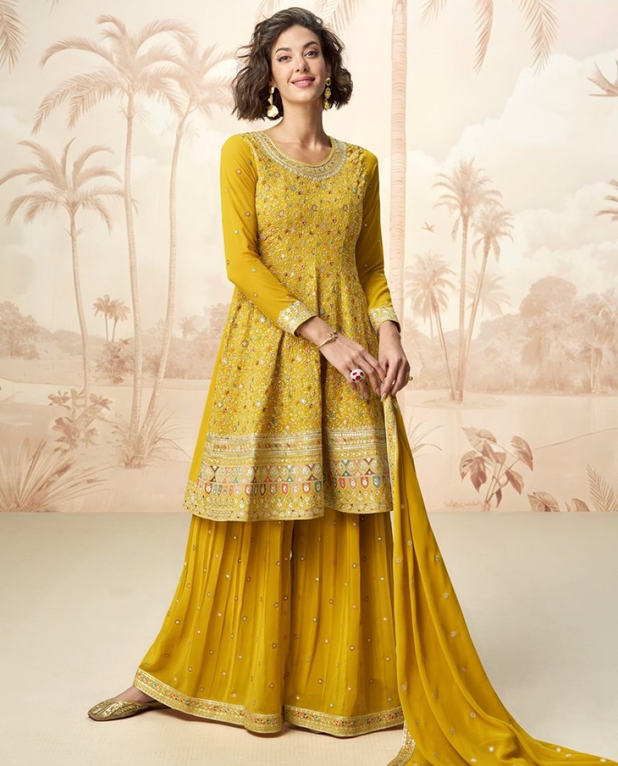 10244-MUSTARD - Embroidered Georgette Pakistani Suit in Mustard